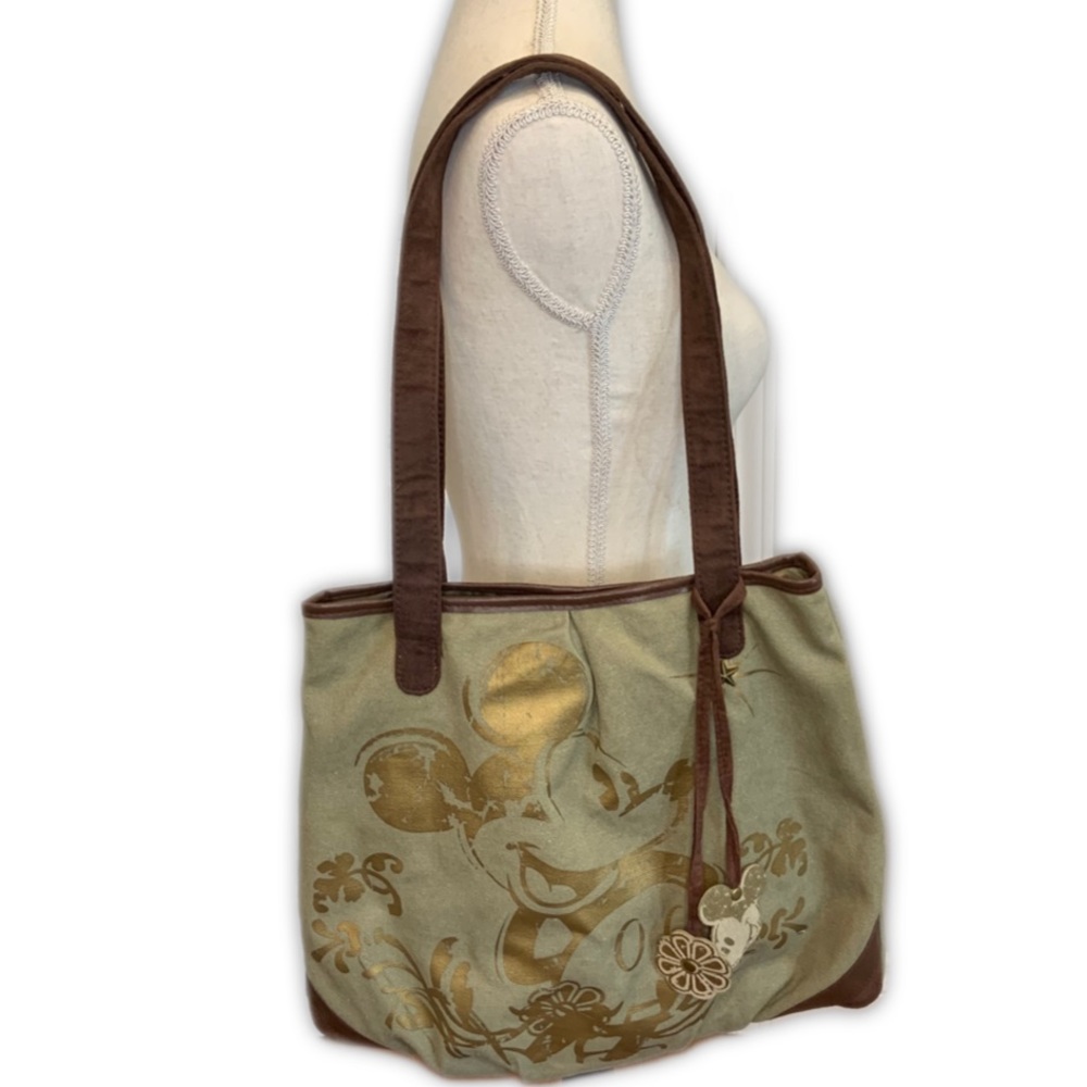 Vintage Disneyland green canvas tote with metallic gold printed Mickey graphic